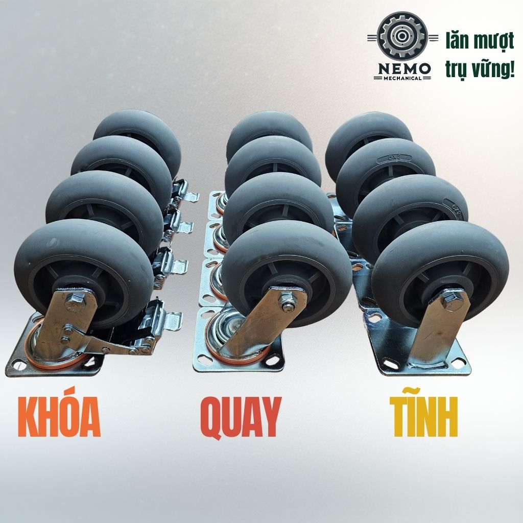 Bánh Xe TPR Bo Tròn Tải Nặng D150 – Siêu Linh Hoạt, Chống Rung & Bảo Về Sàn (Càng 5.5mm)